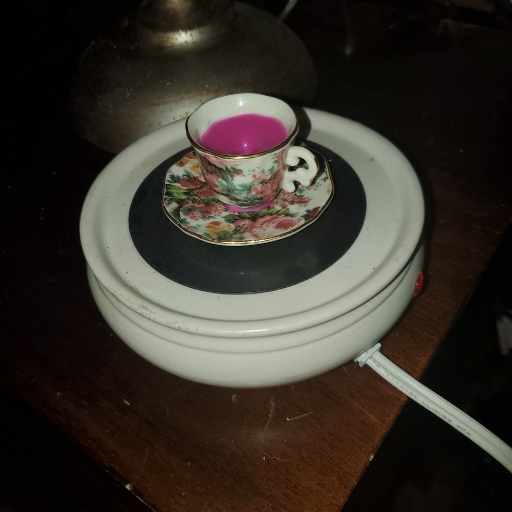 Antique Miniature Cup & Saucer Ornament Rose Chintz Floral Gold Gilt Pink Green
